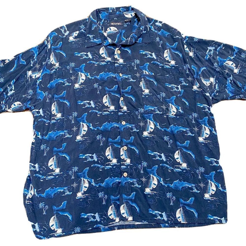Puritan Men's Hawaiian Shirt 2XL Floral SailBoat Graphic 100% Rayon aloha Sailor